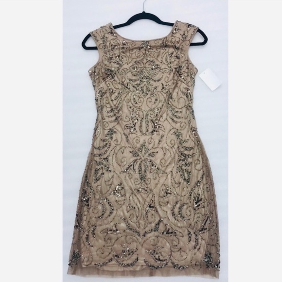 Adrianna Papell beaded nude mesh sheath dress - Picture 4 of 10